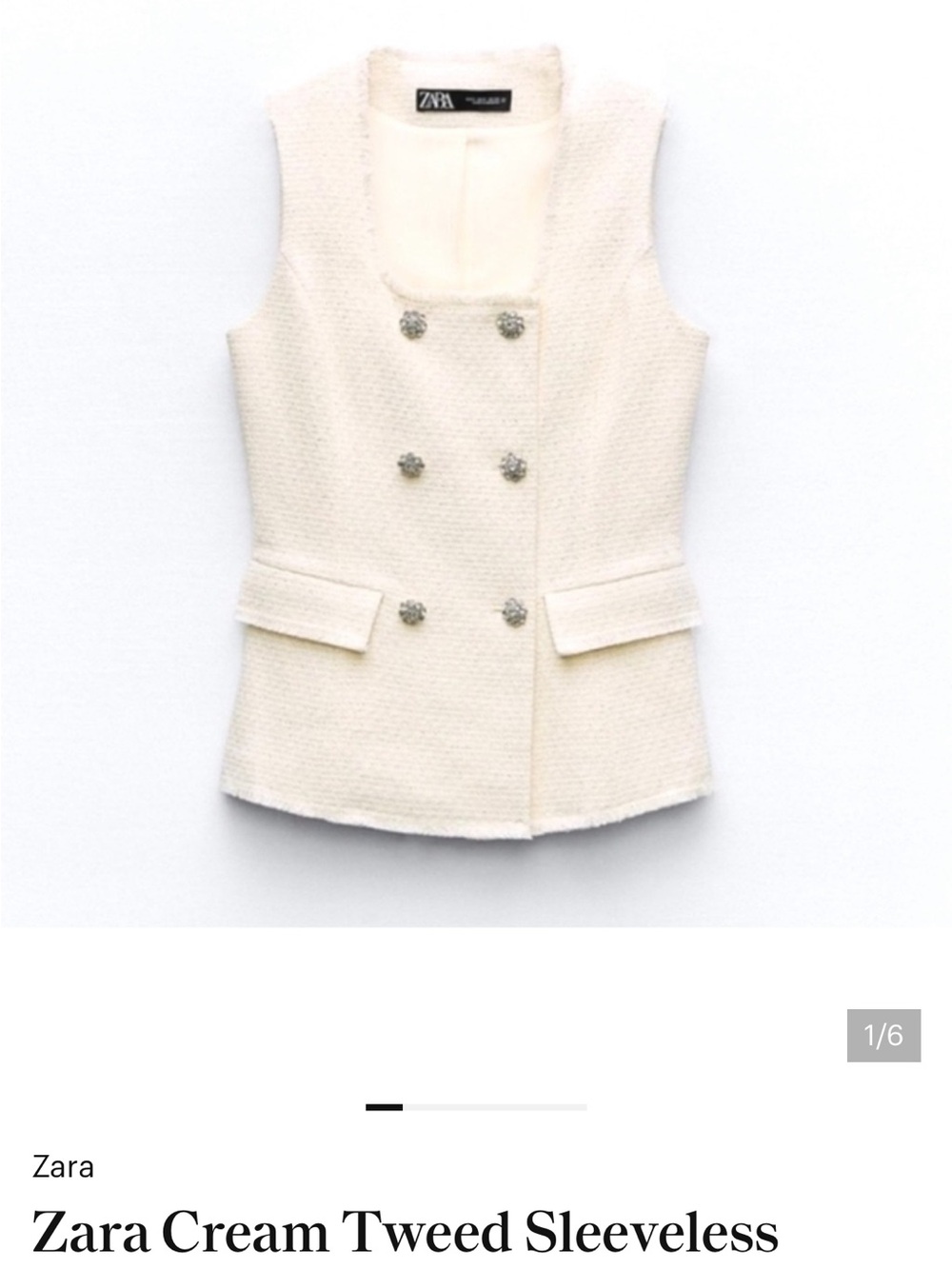 Zara Cream Tweed Double-Breasted Sleeveless Vest